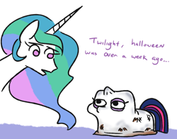 Size: 842x659 | Tagged: safe, artist:jargon scott, princess celestia, twilight sparkle, alicorn, pony, clothes, costume, dirty, duo, ghost costume, halloween, halloween costume, no pupils, simple background, twiggie, white background