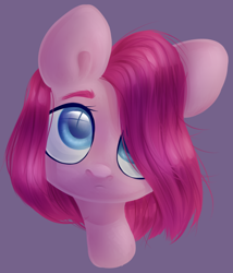 Size: 688x802 | Tagged: safe, artist:belka-sempai, pinkie pie, earth pony, pony, alternate hairstyle, bust, eye reflection, female, gray background, hair over one eye, head tilt, lineless, looking at you, looking away, looking up, mare, pinkamena diane pie, portrait, reflection, sad, short hair, simple background, solo