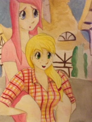 Size: 1936x2566 | Tagged: safe, artist:fireferretpabu13, applejack, pinkie pie, human, magical mystery cure, a true true friend, duo, female, freckles, humanized, piggyback ride, pinkamena diane pie, scene interpretation, traditional art