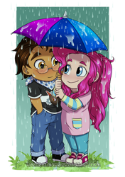 Size: 754x1074 | Tagged: safe, artist:hazurasinner, pinkie pie, oc, oc:copper plume, human, blushing, canon x oc, chibi, clothes, commissioner:imperfectxiii, converse, copperpie, cute, diapinkes, female, glasses, humanized, male, neckerchief, pants, rain, shipping, shirt, shoes, sneakers, umbrella, wet