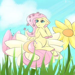 Size: 4000x4000 | Tagged: safe, artist:kiwiscribbles, fluttershy, butterfly, pegasus, pony, cute, female, flower, grass, mare, shyabetes, solo