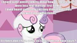 Size: 1358x761 | Tagged: safe, edit, edited screencap, screencap, sweetie belle, sweetie bot, pony, robot, robot pony, unicorn, too many pinkie pies, female, filly, floppy ears, foal, horn, meta, philosophy, pinkie clone debate, solo