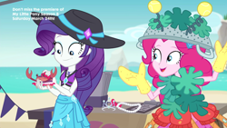 Size: 1920x1080 | Tagged: safe, screencap, pinkie pie, rarity, crab, equestria girls, equestria girls series, too hot to handle, and then there's rarity, bikini, bra, clothes, costume, dress up, geode of shielding, hat, purple bra, purple sports bra, purple underwear, sarong, skirt, sports bra, swimsuit, that time rarity fashioned a crab, underwear