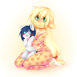 Size: 1024x1024 | Tagged: safe, artist:tolsticot, applejack, oc, oc:constance everheart, anthro, earth pony, plantigrade anthro, pony, anthro with ponies, blush sticker, blushing, canon x oc, clothes, commission, cute, everjack, female, floppy ears, freckles, jackabetes, kneeling, looking at you, male, mare, pajamas, plushie, shipping, straight