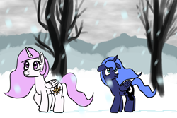 Size: 1920x1280 | Tagged: safe, artist:platinumdrop, princess celestia, princess luna, alicorn, pony, female, mare, pink-mane celestia, snow, tree, younger