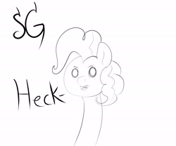 Size: 6000x5000 | Tagged: safe, artist:sunlightgryphon, derpibooru exclusive, pinkie pie, earth pony, pony, absurd resolution, female, heck, impossibly long neck, lineart, long neck, looking at you, mare, monochrome, open mouth, simple background, solo, text, wat, white background