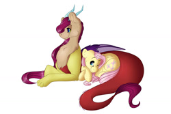 Size: 1600x1067 | Tagged: safe, artist:scarlettnovel, fluttershy, oc, oc:saturn, draconequus, hybrid, pegasus, pony, female, interspecies offspring, mother and child, mother and daughter, offspring, parent and child, parent:discord, parent:fluttershy, parents:discoshy, prone, simple background, white background