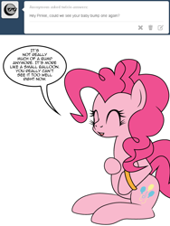 Size: 600x800 | Tagged: safe, artist:dekomaru, pinkie pie, pony, ask, preggy pie, pregnant, sitting, solo, tumblr, tumblr:ask twixie