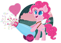 Size: 3500x2480 | Tagged: safe, artist:0okami-0ni, pinkie pie, earth pony, pony, balloon, confetti, cupid, digital art, female, heart, heart balloon, hearts and hooves day, holiday, mare, party cannon, simple background, solo, transparent background, valentine's day, wings