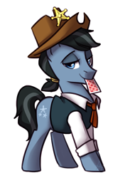 Size: 1119x1532 | Tagged: safe, artist:maccoffee, star spur, earth pony, pony, appleoosa's most wanted, appleloosa resident, card, clothes, cowboy hat, hat, lidded eyes, male, mouth hold, playing card, simple background, solo, stallion, white background