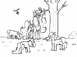 Size: 2048x1531 | Tagged: safe, artist:greyscaleart, princess celestia, alicorn, earth pony, pony, :t, :v, behaving like a giraffe, black and white, derp, eating, eyes closed, female, grass, grayscale, grazing, horses doing horse things, lidded eyes, lineart, looking at you, looking up, majestic as fuck, male, mare, monochrome, open mouth, puffy cheeks, simple background, smiling, stallion, tallestia, tree, wat, white background, wide eyes