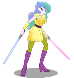 Size: 2000x2090 | Tagged: safe, artist:succubi samus, princess celestia, principal celestia, equestria girls, alternate universe, commission, crossover, dual wield, jedi, jedi knight, lightsaber, simple background, star wars, sword, transparent background, weapon