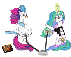 Size: 3053x2448 | Tagged: safe, artist:supahdonarudo, princess celestia, queen novo, alicorn, classical hippogriff, hippogriff, pony, my little pony: the movie, clothes, donkey kong, donkey kong country, gamer celestia, gamer novo, levitation, magic, retrolestia, shirt, simple background, super nintendo, telekinesis, transparent background, video game