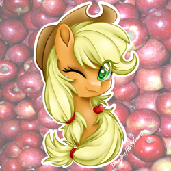 Size: 1000x1000 | Tagged: safe, artist:dreamyeevee, applejack, earth pony, pony, apple, bust, cute, food, jackabetes, looking at you, one eye closed, portrait, smiling, solo, wink