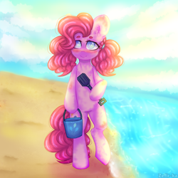 Size: 2000x2000 | Tagged: safe, artist:zefirka, pinkie pie, earth pony, pony, beach, beanbrows, bipedal, bucket, eyebrows, female, hoof hold, looking at you, mare, ocean, sand, shovel, solo