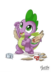 Size: 955x1351 | Tagged: safe, artist:mysticalpha, spike, dragon, baby, baby dragon, cardboard, cardboard wings, cute, fake wings, green eyes, happy, heartwarming in hindsight, hilarious in hindsight, male, raised fist, scissors, simple background, solo, spikabetes, tape, this side up, watermark, white background, wings