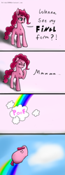 Size: 791x2133 | Tagged: safe, artist:tincantim, pinkie pie, earth pony, pony, comic, female, final form, mare, rainbow, solo, wat