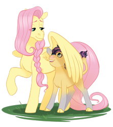 Size: 1280x1440 | Tagged: safe, artist:whisperseas, fluttershy, oc, oc:stormhoof, hybrid, pegasus, pony, braid, cloven hooves, female, interspecies offspring, lidded eyes, male, mother and child, mother and son, offspring, parent and child, parent:fluttershy, parent:iron will, parents:ironshy, simple background, transparent background, wing shelter