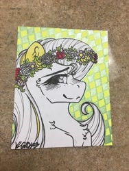 Size: 960x1280 | Tagged: safe, artist:nightmare-moons-throneroom, fluttershy, pegasus, pony, abstract background, blushing, chest fluff, female, floral head wreath, flower, mare, smiling, solo, wip