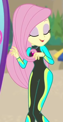 Size: 304x582 | Tagged: safe, screencap, fluttershy, better together, blue crushed, equestria girls, clothes, cropped, eyes closed, female, geode of fauna, smiling, solo, swimsuit, wetsuit