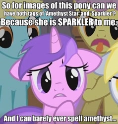 Size: 426x447 | Tagged: safe, amethyst star, sparkler, exploitable meme, image macro, meta, starly, tags, text