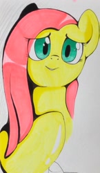 Size: 1893x3264 | Tagged: safe, artist:theobrobine, fluttershy, pegasus, pony, female, hooves to the chest, mare, smiling, solo, traditional art