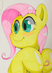 Size: 1600x2234 | Tagged: safe, artist:theobrobine, fluttershy, pegasus, pony, blushing, female, hooves together, mare, smiling, solo, traditional art