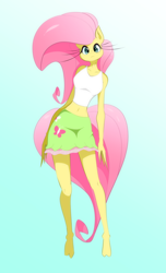 Size: 1024x1680 | Tagged: safe, artist:theobrobine, fluttershy, anthro, plantigrade anthro, belly button, big hair, clothes, equestria girls outfit, female, impossibly long hair, looking at you, midriff, simple background, solo