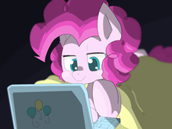 Size: 1280x960 | Tagged: safe, artist:temmie720, pinkie pie, earth pony, pony, black background, blanket, computer, cute, diapinkes, laptop computer, lidded eyes, prone, simple background, solo