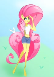 Size: 751x1063 | Tagged: safe, artist:theobrobine, fluttershy, angel, anthro, plantigrade anthro, rabbit, belly button, big hair, clothes, female, grass field, impossibly long hair, midriff, shorts, simple background, sky, tanktop