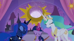 Size: 1920x1080 | Tagged: safe, screencap, princess celestia, princess luna, twilight sparkle, twilight sparkle (alicorn), alicorn, pony, the summer sun setback, ethereal mane, eyes closed, female, mare, moon, trio