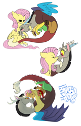 Size: 1024x1600 | Tagged: safe, artist:loryska, discord, fluttershy, oc, oc:larkspur, hybrid, pegasus, pony, cuddling, discoshy, female, interspecies offspring, male, nuzzling, offspring, parent:discord, parent:fluttershy, parents:discoshy, shipping, simple background, straight, white background