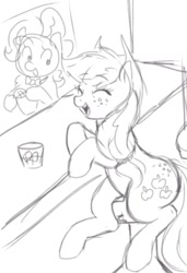 Size: 744x1089 | Tagged: artist needed, safe, applejack, pinkie pie, earth pony, pony, 4chan, bar, cowboy hat, cup, drawthread, hat, ice, monochrome, open mouth, sitting, sketch, smiling, stetson