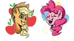 Size: 1440x810 | Tagged: safe, artist:pixelfails, applejack, pinkie pie, earth pony, pony, bust, cutie mark background, duo, eyes closed, laughing, looking at you, open mouth, portrait, simple background, smiling, white background