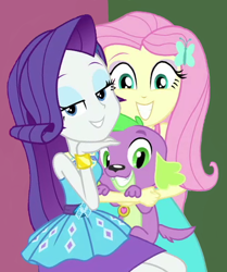 Size: 440x526 | Tagged: safe, edit, edited screencap, screencap, fluttershy, rarity, spike, spike the regular dog, dog, better together, equestria girls, forgotten friendship, clothes, cropped, selfie, smiling