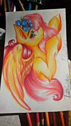 Size: 1715x3048 | Tagged: safe, artist:dankpegasista, fluttershy, pegasus, pony, cute, daaaaaaaaaaaw, female, flower, flower in hair, flying, food, mare, orange, pink hair, shading, traditional art, wings