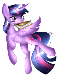 Size: 667x863 | Tagged: safe, artist:avizo-23, derpibooru import, twilight sparkle, twilight sparkle (alicorn), alicorn, pony, book, female, mare, mouth hold, simple background, solo, transparent background