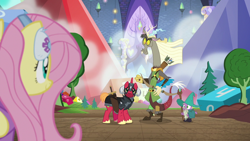 Size: 1280x720 | Tagged: safe, screencap, big macintosh, discord, fluttershy, spike, draconequus, pony, unicorn, dungeons and discords, archer, armor, black knight, bow (weapon), captain wuzz, cloak, clothes, dice, dungeons and dragons, female, garbuncle, gem, hat, helmet, horned helmet, magic staff, male, mare, ogres and oubliettes, parsnip, race swap, sir mcbiggen, staff, stallion, sword, unicorn big mac, weapon, wizard, wizard hat