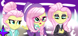 Size: 1238x580 | Tagged: safe, artist:yaycelestia0331, fluttershy, equestria girls, fake it 'til you make it, alternate hairstyle, bun, equestria girls interpretation, fluttergoth, glasses, hair bun, hat, hipstershy, scene interpretation, severeshy