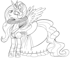 Size: 1500x1235 | Tagged: safe, artist:sepiakeys, princess celestia, alicorn, pony, clothes, dress, ear fluff, elizabethan, jewelry, lineart, monochrome, regalia, ruff (clothing), shoes, solo