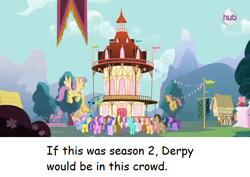 Size: 638x452 | Tagged: safe, edit, edited screencap, screencap, pony, spoiler:s03, comic sans, crowd, derpygate, meta, ponyville town hall