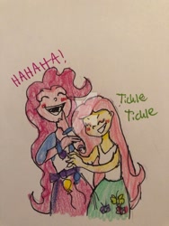 Size: 1024x1365 | Tagged: safe, artist:alyssah1903, fluttershy, pinkie pie, equestria girls, blushing, clothes, cute, eyes closed, female, flutterpie, laughing, lesbian, mouth, open mouth, shipping, sketch, skirt, tickle torture, tickling, traditional art, watermark