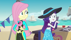 Size: 1280x720 | Tagged: safe, fluttershy, rarity, better together, equestria girls, too hot to handle, beach, clothes, geode of fauna, hat, ocean, smiling, swimsuit, wetsuit