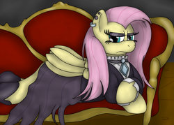 Size: 1400x1000 | Tagged: safe, artist:pavlovzdawg, fluttershy, pegasus, pony, clothes, ear piercing, earring, female, fluttergoth, jewelry, looking at you, mare, necklace, piercing, solo