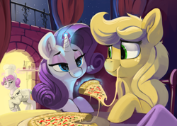 Size: 4219x3000 | Tagged: safe, artist:dimfann, applejack, rarity, earth pony, pony, unicorn, absurd resolution, chef, chef's hat, eating, female, food, hat, lesbian, levitation, lidded eyes, looking at each other, magic, mare, night, pizza, rarijack, shipping, smiling, stars, telekinesis, that's amore