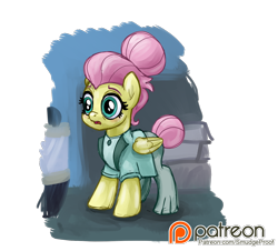 Size: 1500x1353 | Tagged: safe, alternate version, artist:smudge proof, fluttershy, pegasus, pony, fake it 'til you make it, alternate hairstyle, alternate scene, breaking character, clothes, dialogue, fear, frightened, frozen in fear, lost composure, offscreen character, patreon, patreon logo, patreon reward, rarity for you, scared, severeshy, shop, simple background, solo, transparent background