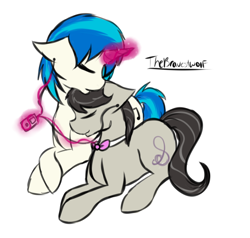 Size: 948x901 | Tagged: safe, artist:thebravestwolf, dj pon-3, octavia melody, vinyl scratch, earth pony, pony, unicorn, commission, cute, eyes closed, female, glowing horn, headphones, horn, ipod, lesbian, mare, scratchtavia, sharing headphones, shipping, simple background, white background