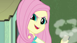 Size: 1280x720 | Tagged: safe, screencap, fluttershy, a little birdie told me, better together, equestria girls, badass, chalkboard, determined, eraser, flutterbadass, make my day, smiling