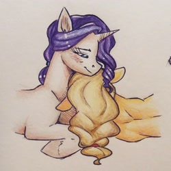 Size: 1850x1850 | Tagged: safe, artist:eeviart, applejack, rarity, earth pony, pony, unicorn, colored sketch, female, lesbian, prone, rarijack, shipping, sketch, sleeping, traditional art