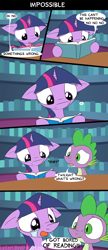 Size: 1600x3700 | Tagged: safe, artist:loceri, derpibooru import, spike, twilight sparkle, dragon, book, bored, comic, crying, dialogue, floppy ears, hilarious in hindsight, impossible, magic, open mouth, reading, slice of life, speech bubble